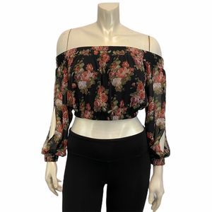 TOBI Women's Small Off Shoulder Floral Cold Shoulder Crop Top Blouse